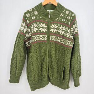 Vtg Aran Crafts Mens L Green Fair Isle Wool Cardigan Sweater Fall Winter Cozy